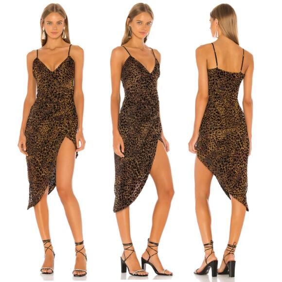 Camila Coelho Juliana Sleeveless Asymmetric Midi Dress Brown Leopard Women's XS